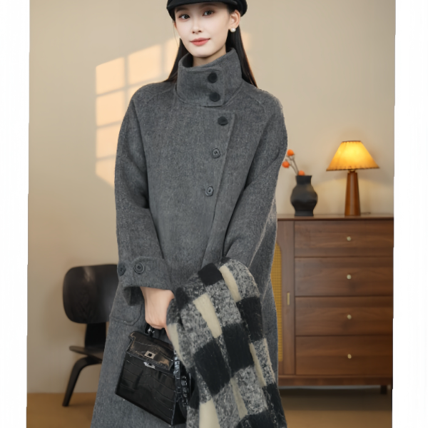 XYM双面羊毛大衣不规则饼干扣设计款腰带立领毛呢韩版气质秋冬