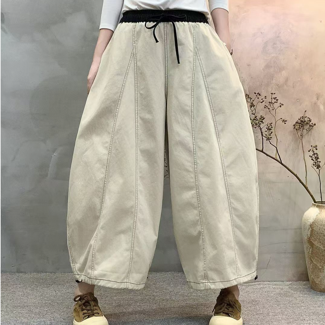 【悦兮】秋季新款百搭文艺宽松休闲撞色休闲裤松紧腰女灯笼裤K388