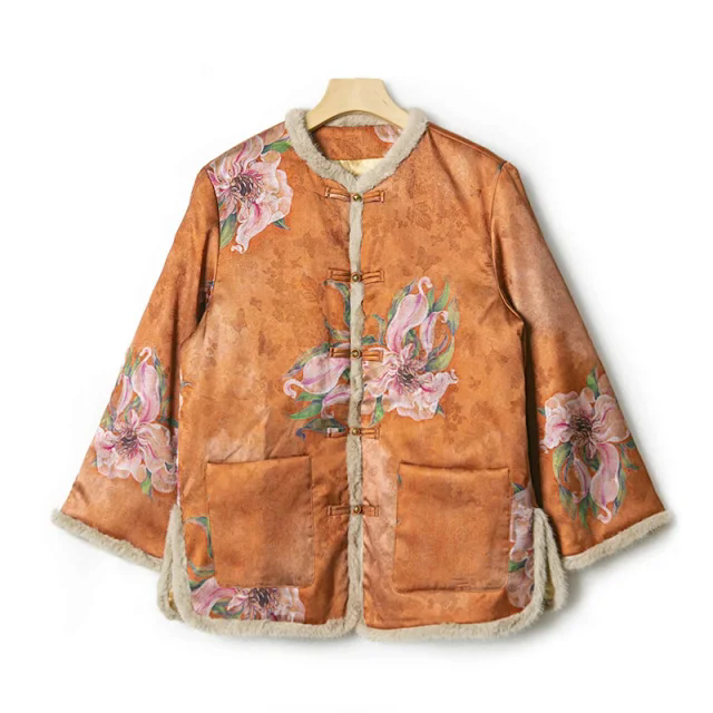 【滴滴亏本清货】中式圆领盘扣毛边保暖夹棉桃花印花外套