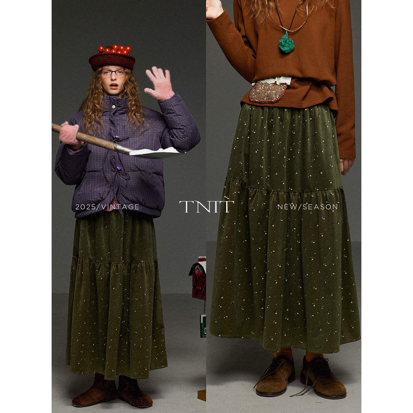 TNIT复古绿色碎花丝绒松紧腰半身裙女冬季高腰显瘦百搭a字中长裙