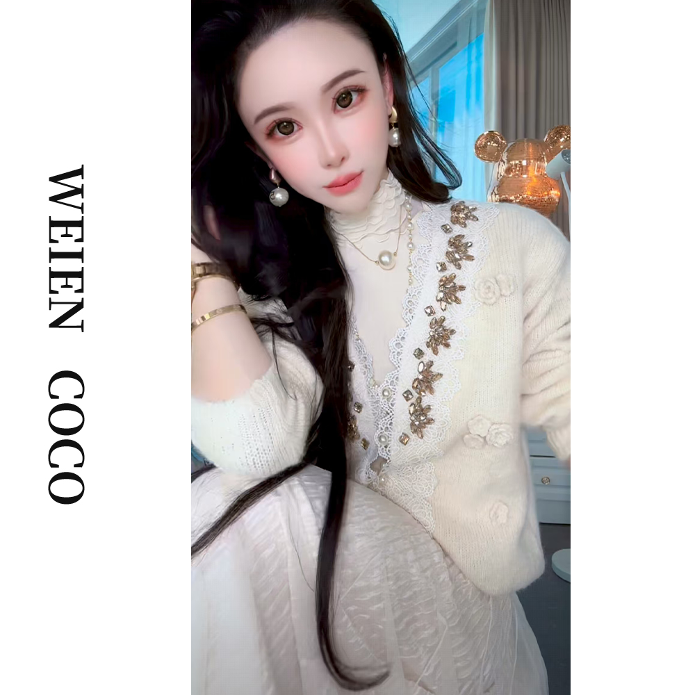 【薇恩COCO】毛衣镂空针织时尚新款重工镶钻长袖套头上衣S5349
