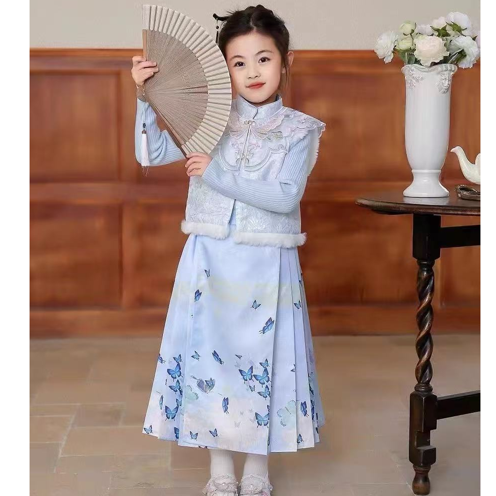 马面裙三件套刺绣冬女唐装复古中国风汉服童装女孩小童