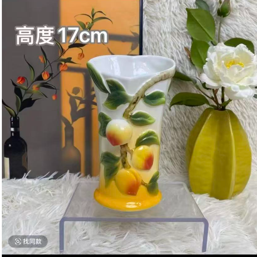 陶瓷新中式釉下彩珐琅瓷浮雕寿桃系类筷子筒带孔
