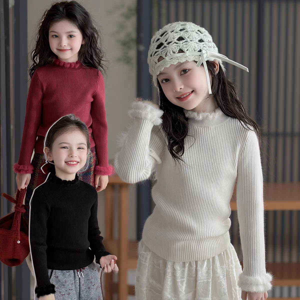 高领女童年服加绒打底毛衣宝宝洋气儿童耳边针织衫秋冬GZ006