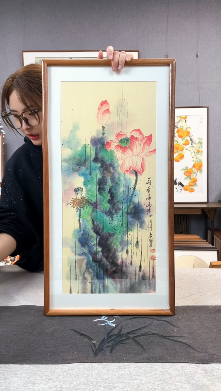 【闪购商品】国画王嘉诚-手绘带框作品-35*68-荷花