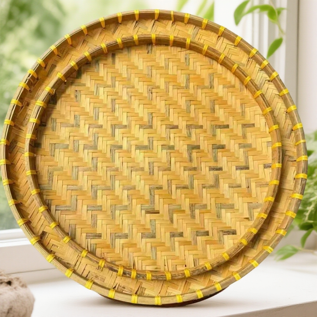 二件套（60+50）烟熏无孔绿条竹编纯手工大簸箕晾晒框