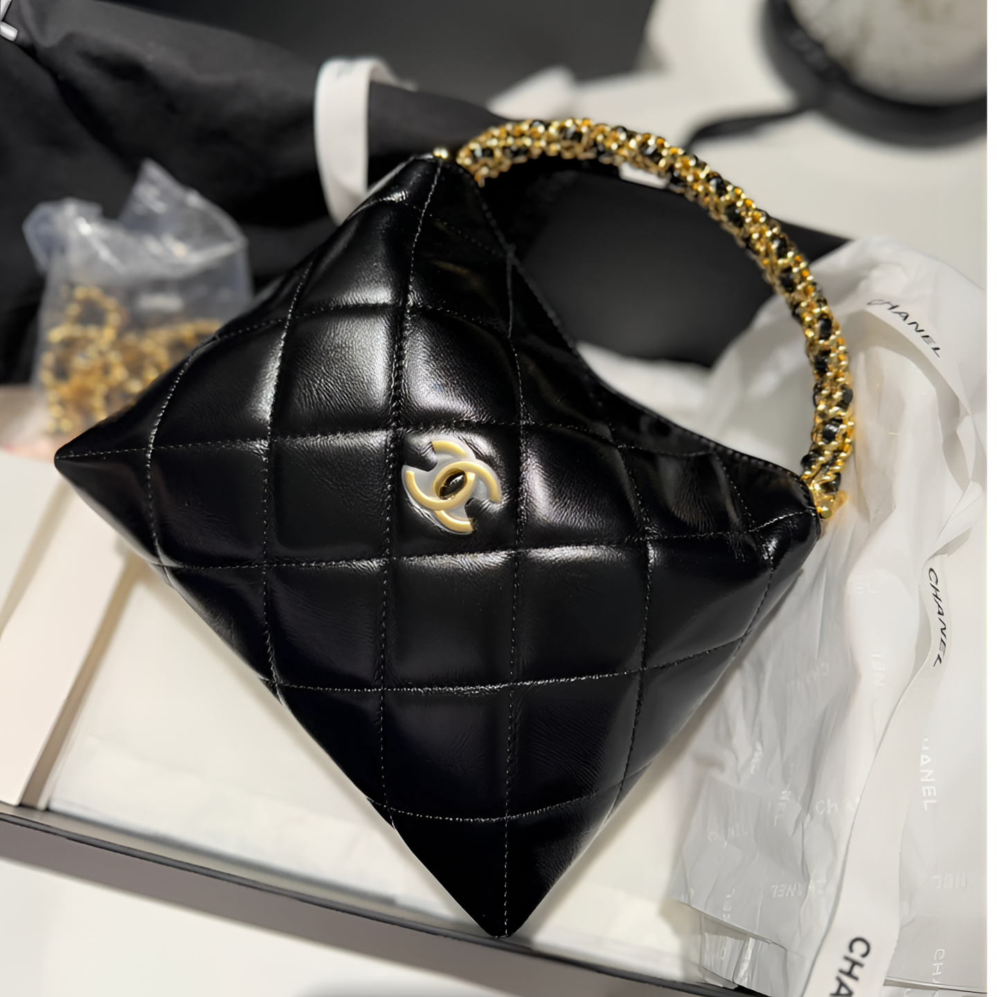 99新 Chanel/香奈儿 芯片/24A黑金麻花手柄单肩包