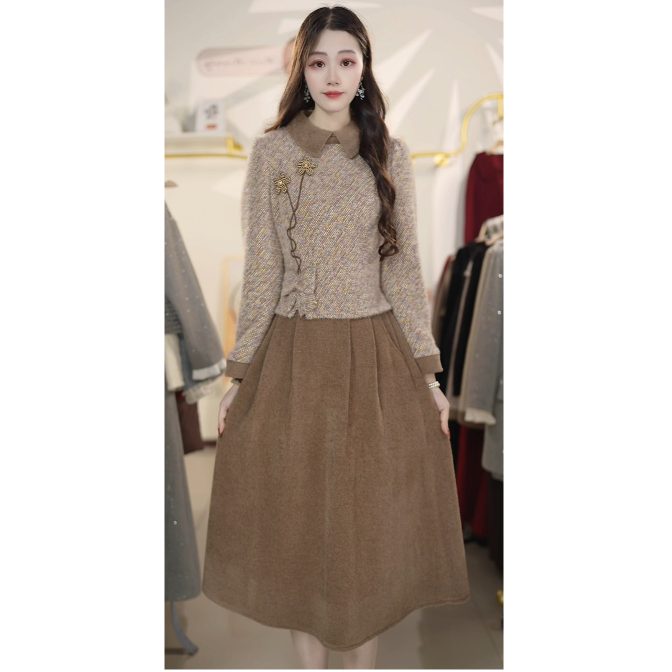 时尚气质小香风套装裙2025秋冬新款洋气上衣+半身裙两件套Y871107