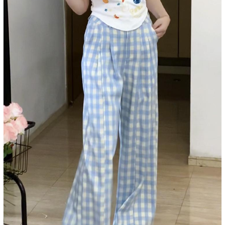 大码网红同款格子阔腿裤女氛围夏季薄款高腰显瘦格纹休闲拖地裤子