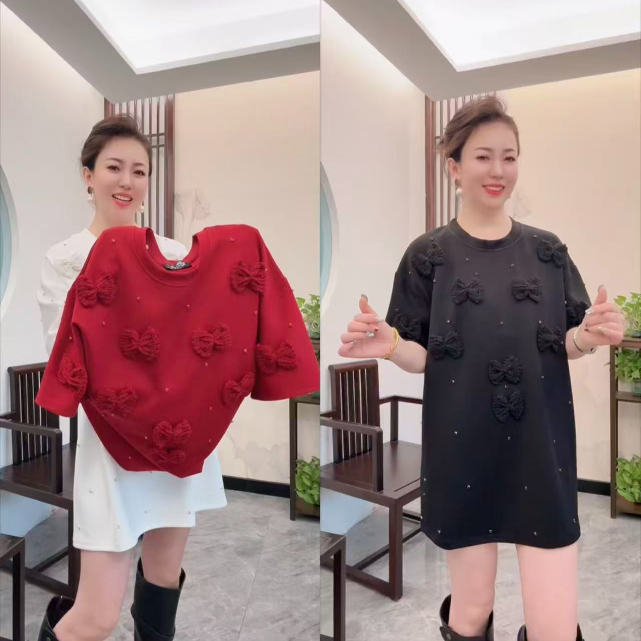 东大门蝴蝶结爆款亮钻长款上衣