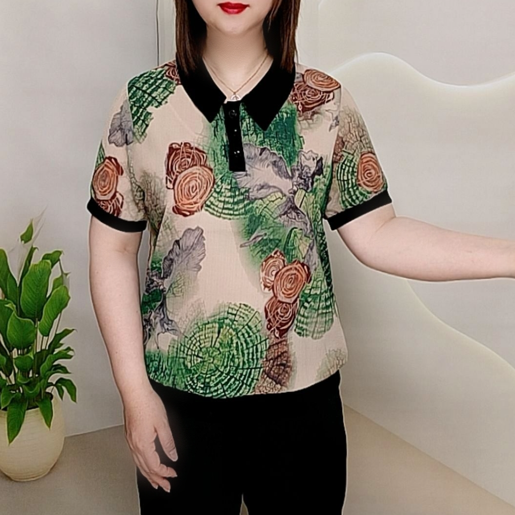 时尚洋气百搭翻领印花高贵气质妈妈装减龄宽松休闲显瘦短袖上衣女