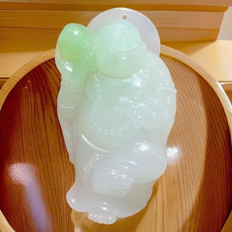 和田玉青海翠青白底翠弥勒佛手工精雕饰品添富增财