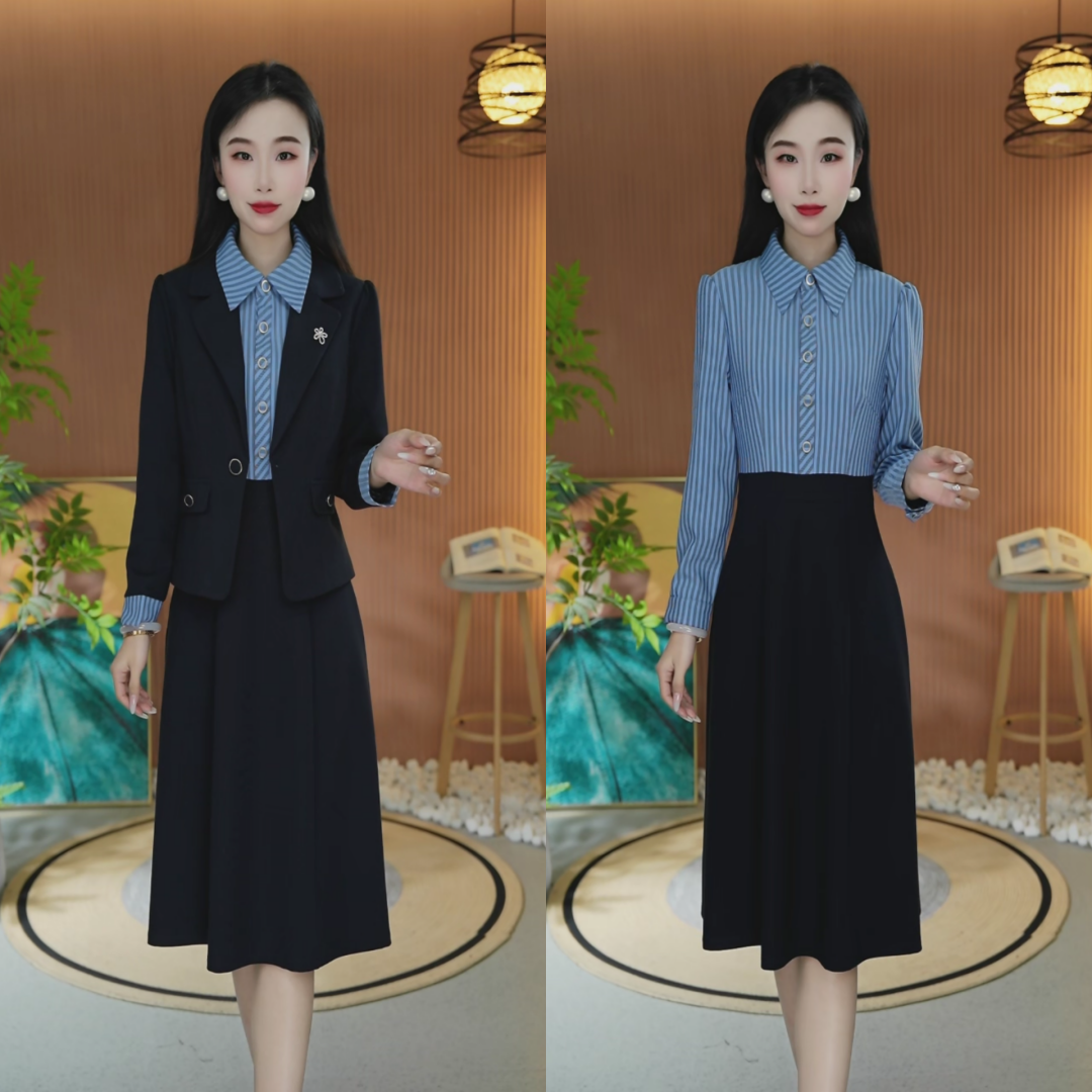 【外套+裙子】早春新款两件套口袋套裙遮肉显瘦减龄时尚百搭套装