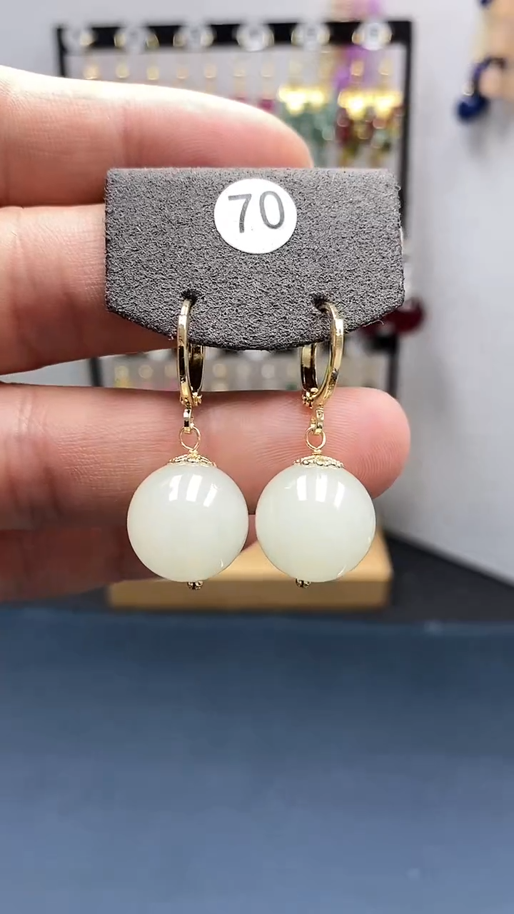 【闪购商品】和田玉耳饰银S925镀金镶嵌尺寸14mm耳扣08