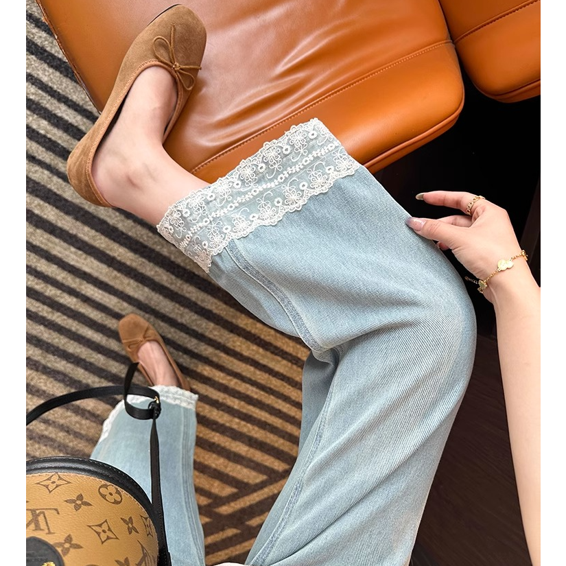 小个子蕾丝花边阔腿牛仔裤女2025秋季新款百搭宽松高腰九分直筒裤