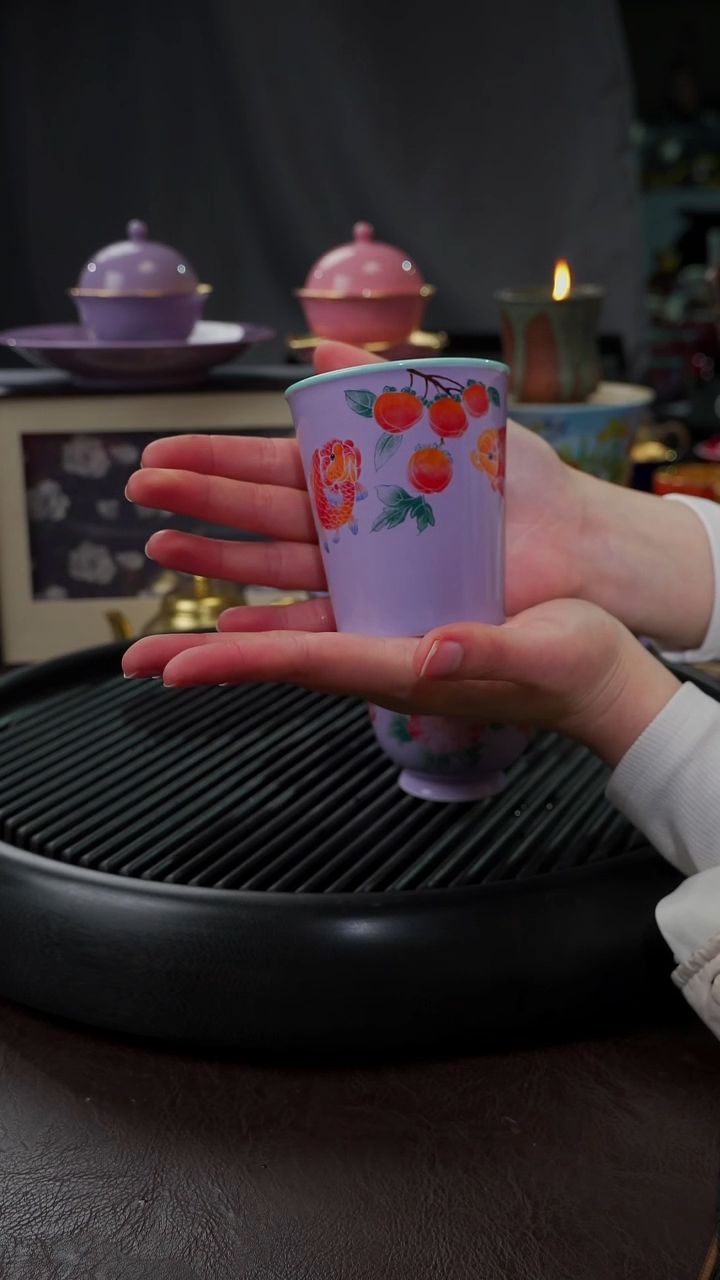 【闪购商品】杯【宜景窑烟幕紫】手绘双鱼可乐杯
