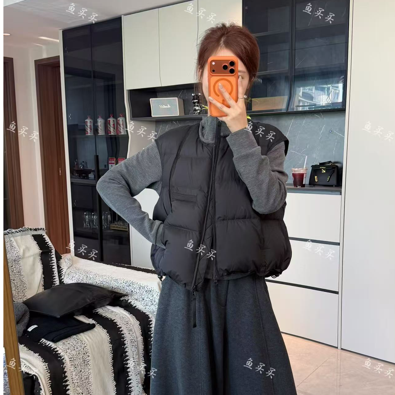 冬季新款90绒白鸭绒双拉链简约时尚纯色宽松韩版圆领羽绒马甲