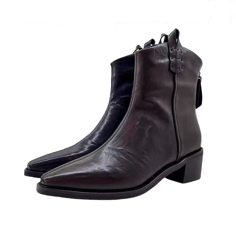 复古靴女鞋秋冬2024新款尖头粗中跟靴子女短靴切尔西时装靴888-17