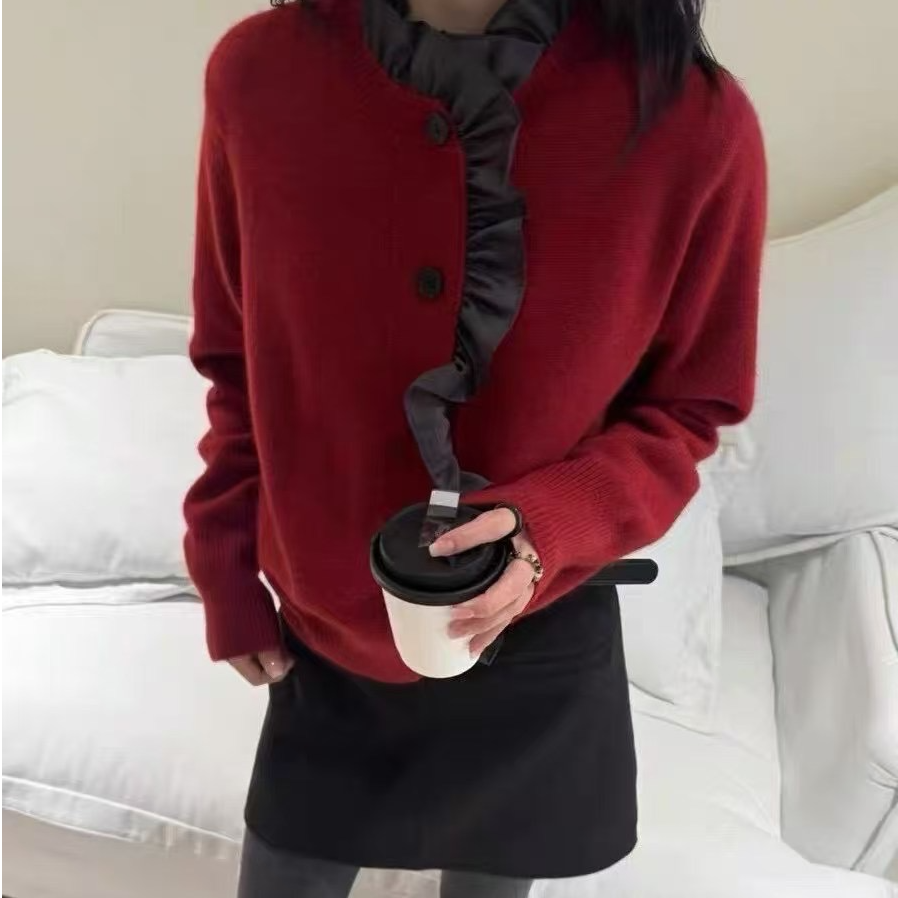 圆领网红宽松长袖高领加厚拼色ins针织衫毛衣拼接毛针织衫