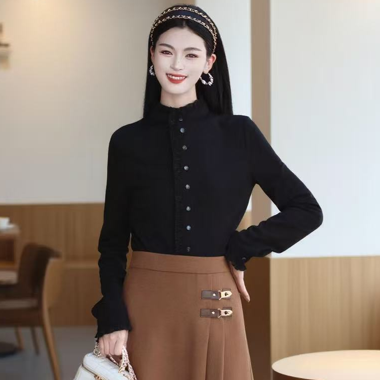 GIRDEAR/哥弟1300936新款 时尚法式气质宫廷风木耳边通勤纯色衬衫