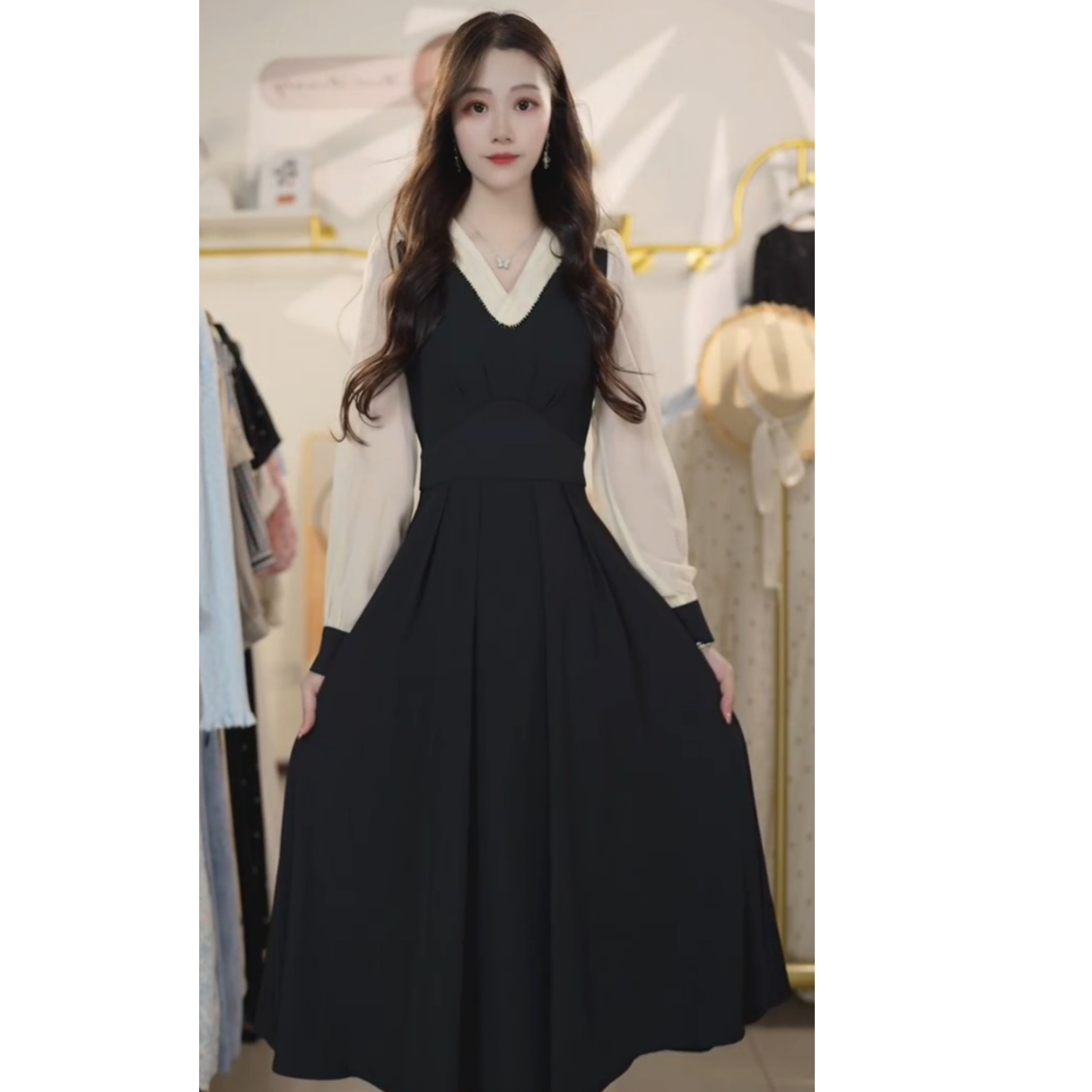 秋装女款2025年新款裙子V领拼接衬衫式长袖连衣裙Y548171