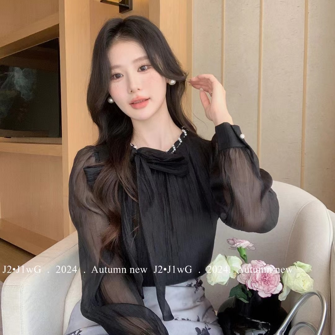 【奈美】J2J1宽松荷叶边小众泡泡袖蝴蝶上衣收腰蝴蝶结衬衫系带圆领