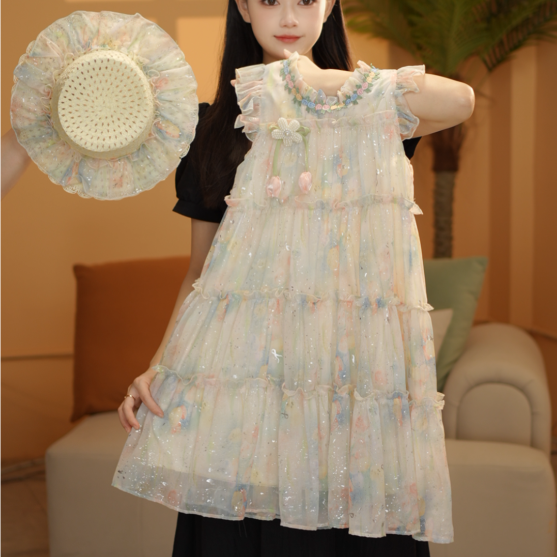 女童连衣裙2025夏季新款甜美小飞袖花海女孩连衣裙XQZ25137