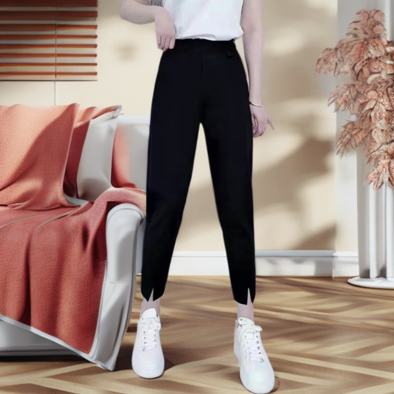 修身薄款百搭九分裤长裤高腰夏季休闲黑色休闲裤冰丝凉感开叉款