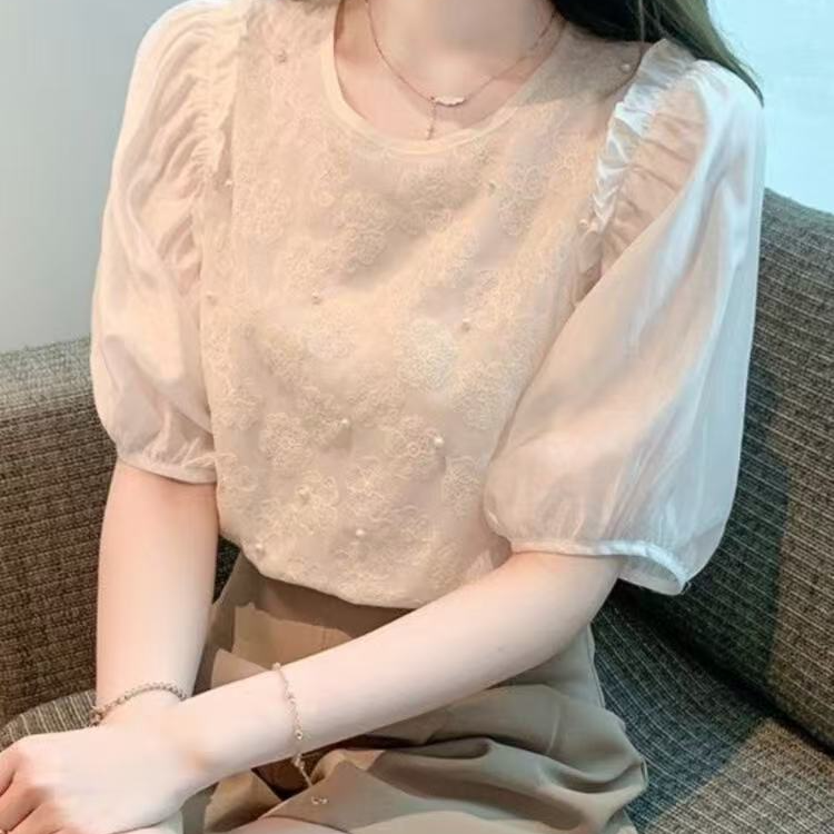 Y26夏季新款复古泡泡袖雪纺衬衫女设计感小众洋派减龄小衫领针