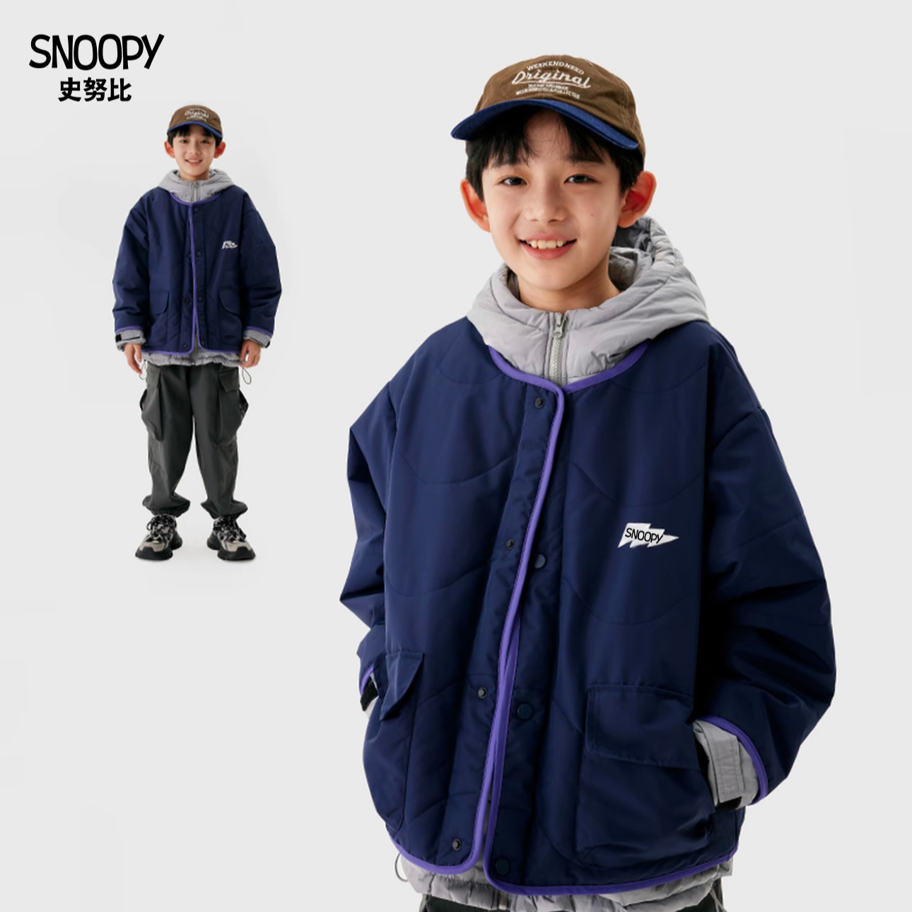 史努比2026年新款男女童秋冬季加绒款假两件羽绒服韩系时尚