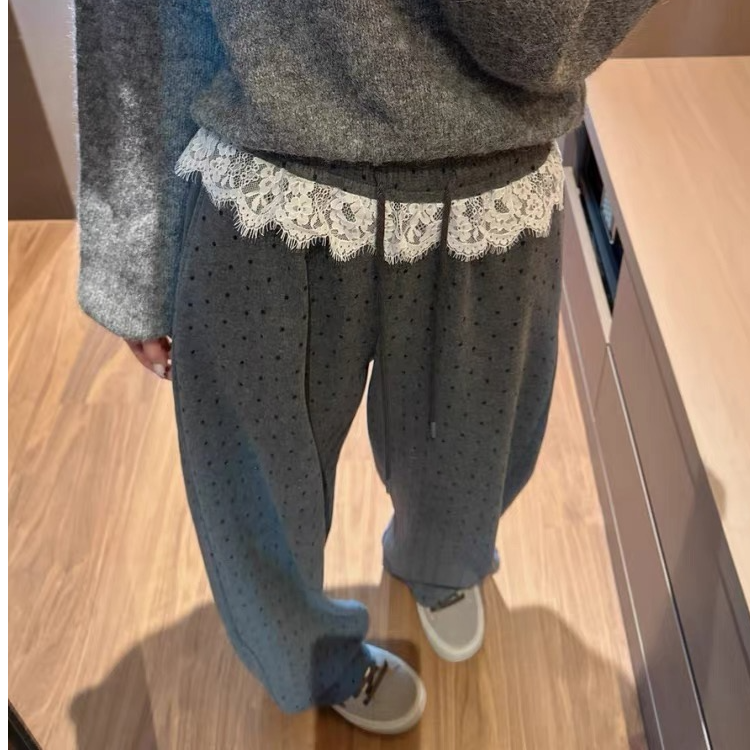 小雅姐姐  春季新款显瘦宽松腰头蕾丝花边波点直筒休闲裤IM59