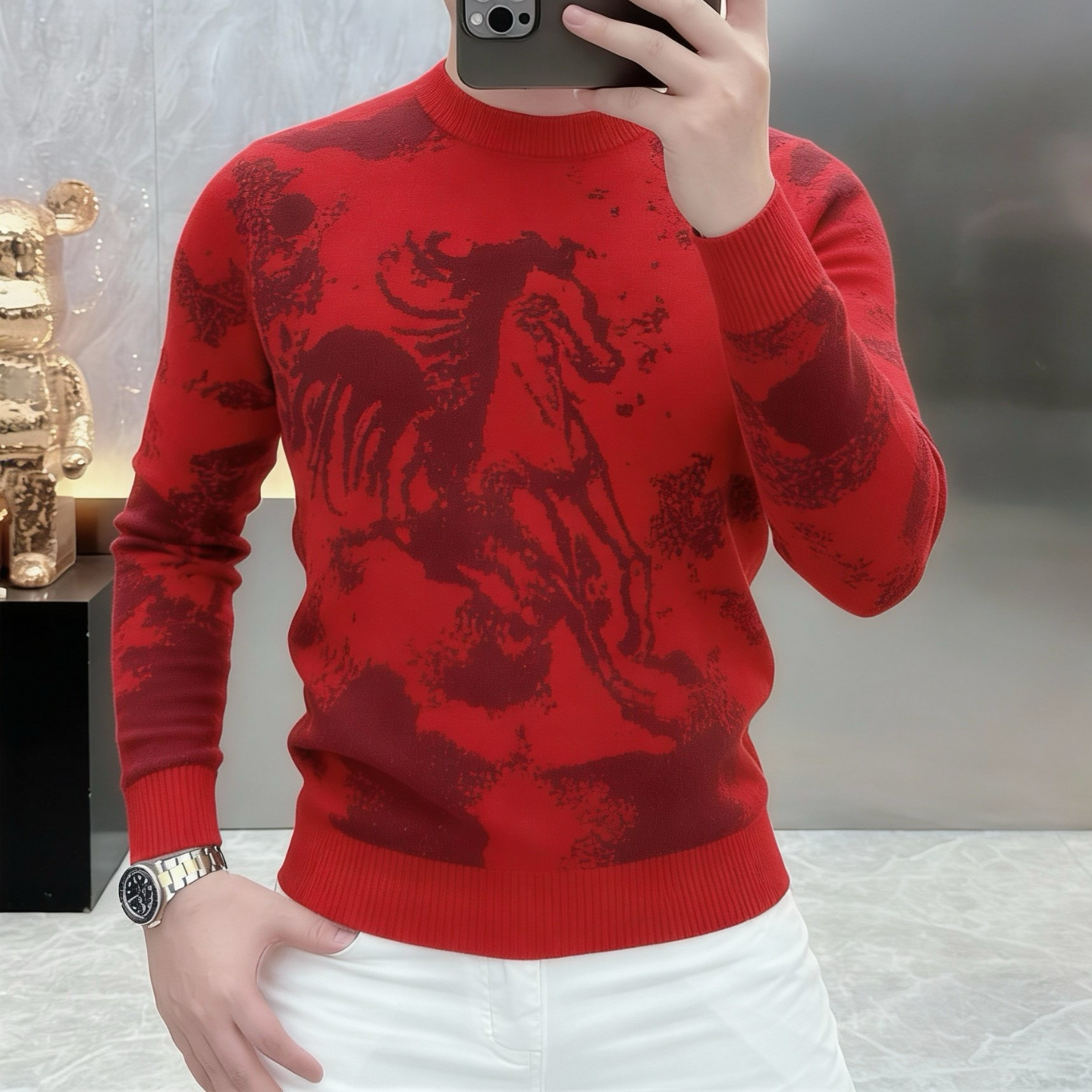 马到成功红色圣诞毛衣男款冬季本命年马年过年穿搭内搭打底针织衫