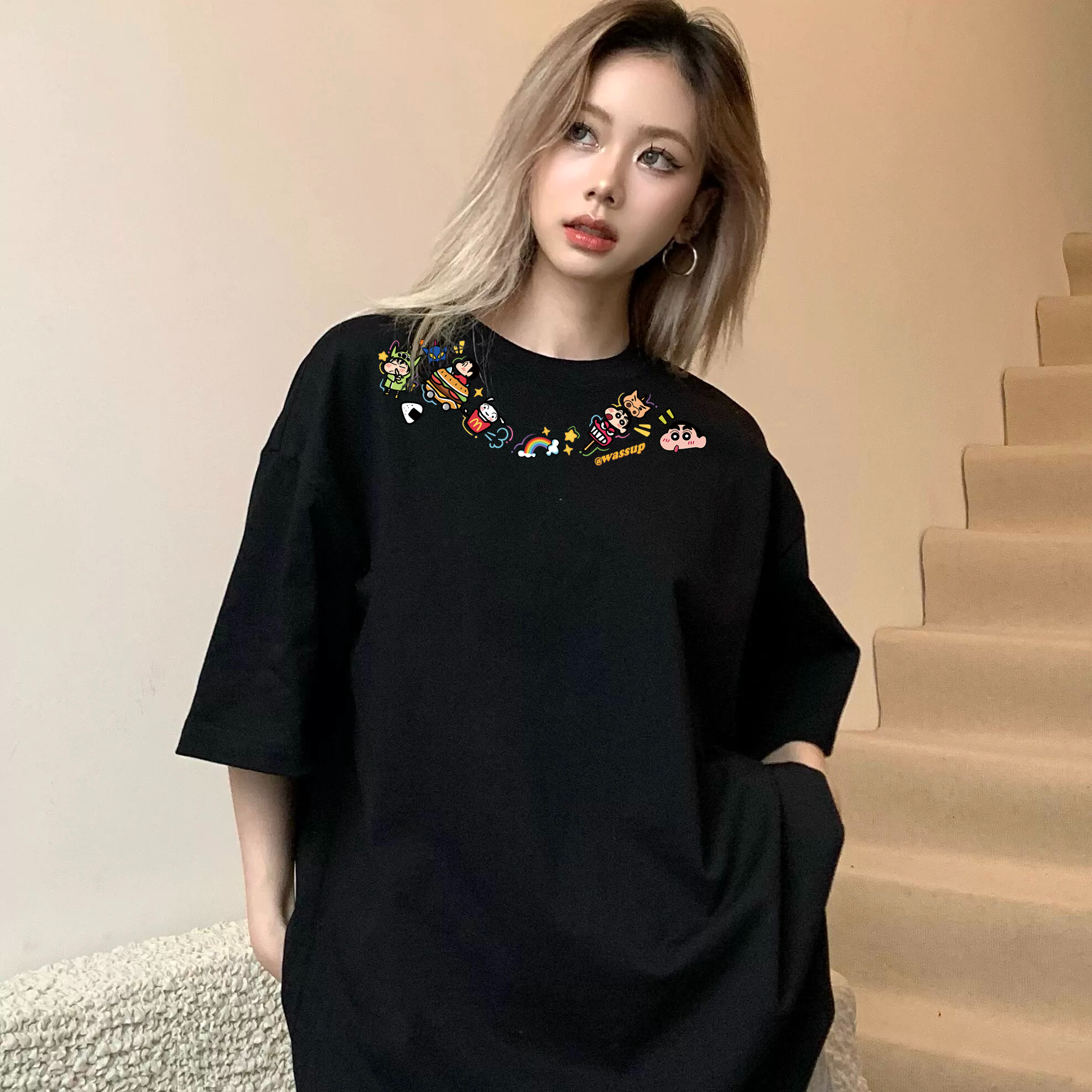 日系卡通小新落肩袖重磅230gT恤短袖女男网红纯棉印花设计感宽松