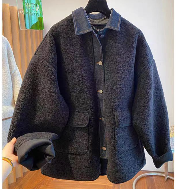 23156款牛仔拼接羊羔毛外套加厚