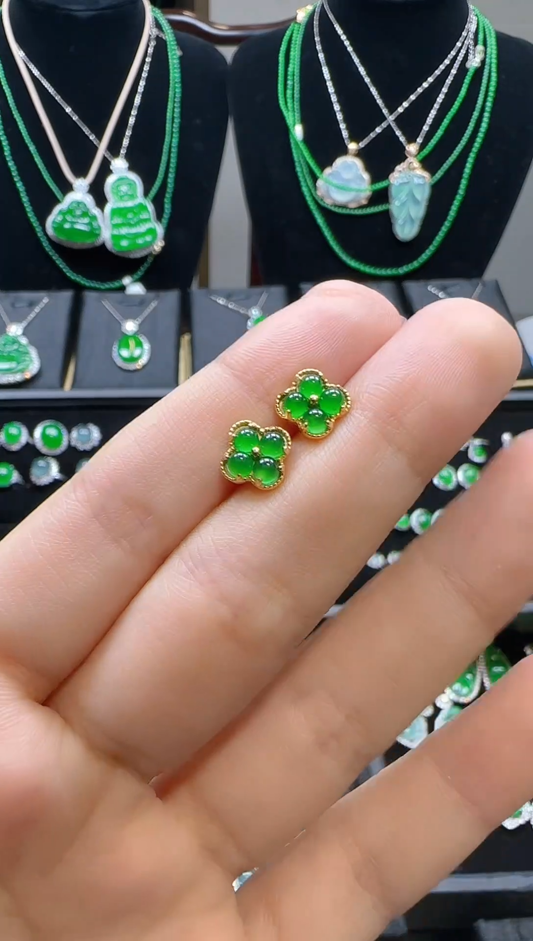 翡翠银S925镀金镶嵌耳饰四叶草耳钉