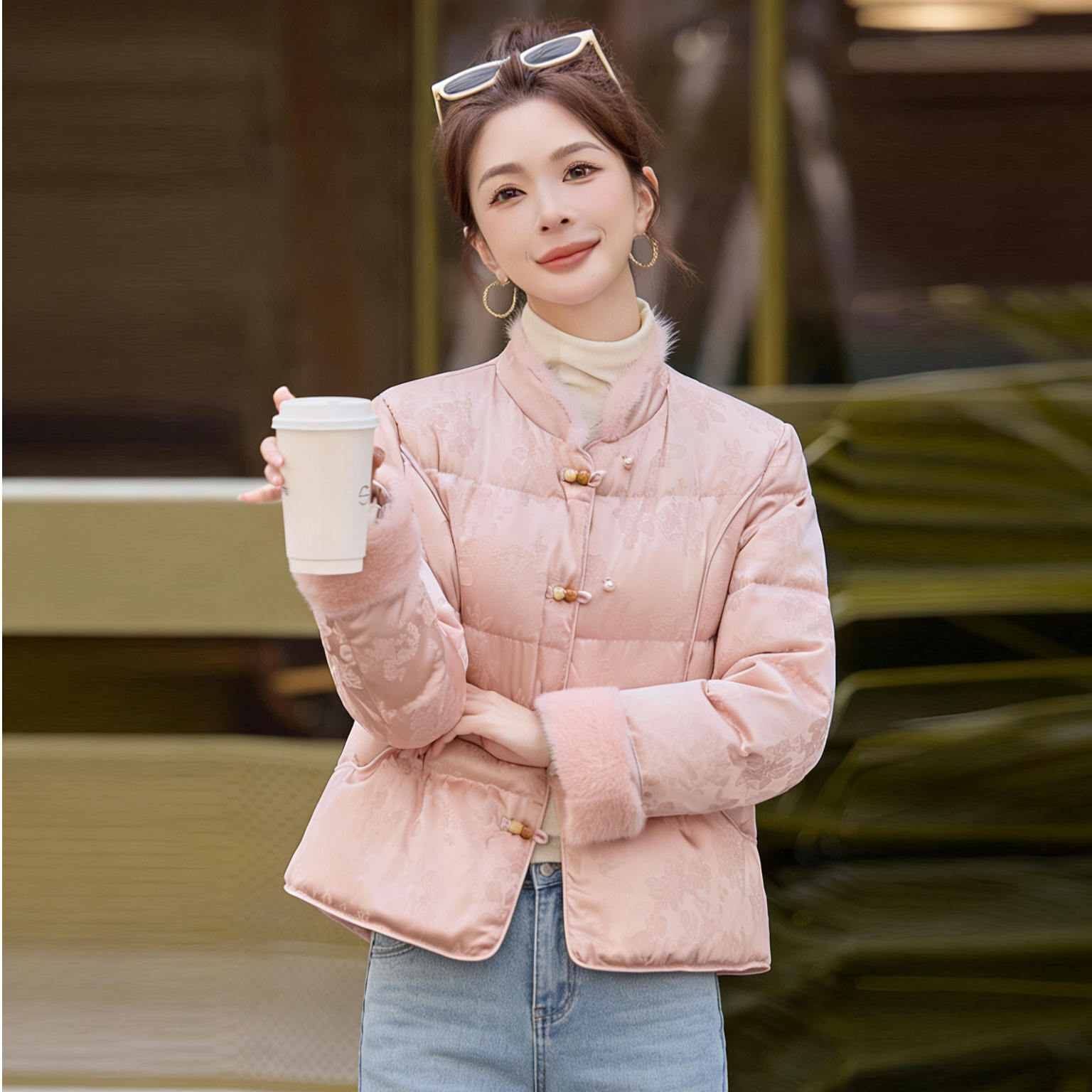 新中式时尚羽绒服冬装适中小个子短款立领提花白鸭绒女士保暖外套