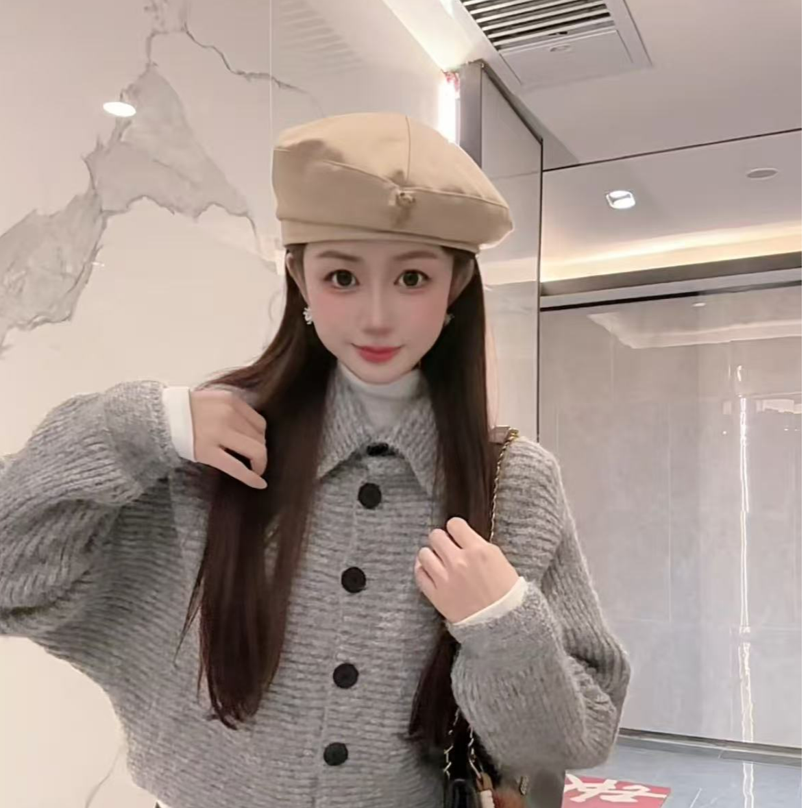 小熊卡其色贝雷帽
