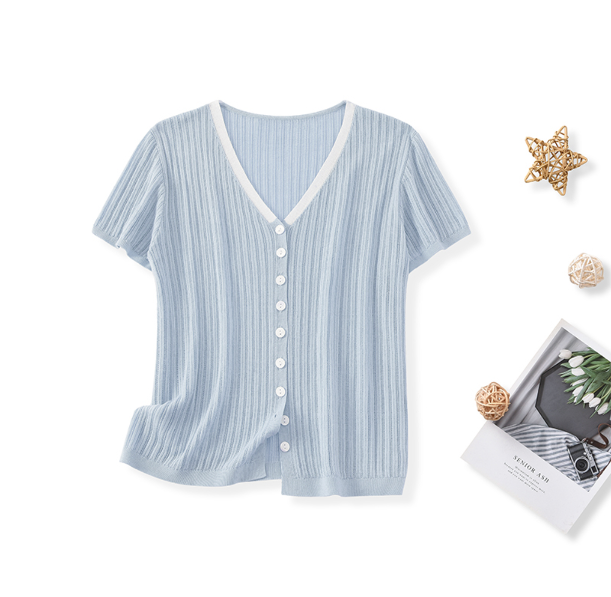 【桑蚕丝＋兰精天丝】夏季新款竖条纹单排扣休闲百搭上衣女