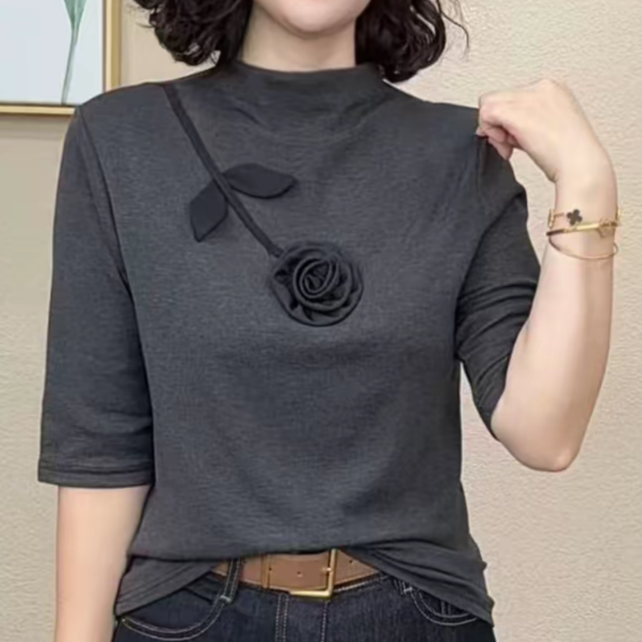 时尚妈妈装植物花卉中袖半高领T恤气质ins遮肉显瘦减龄女装上衣