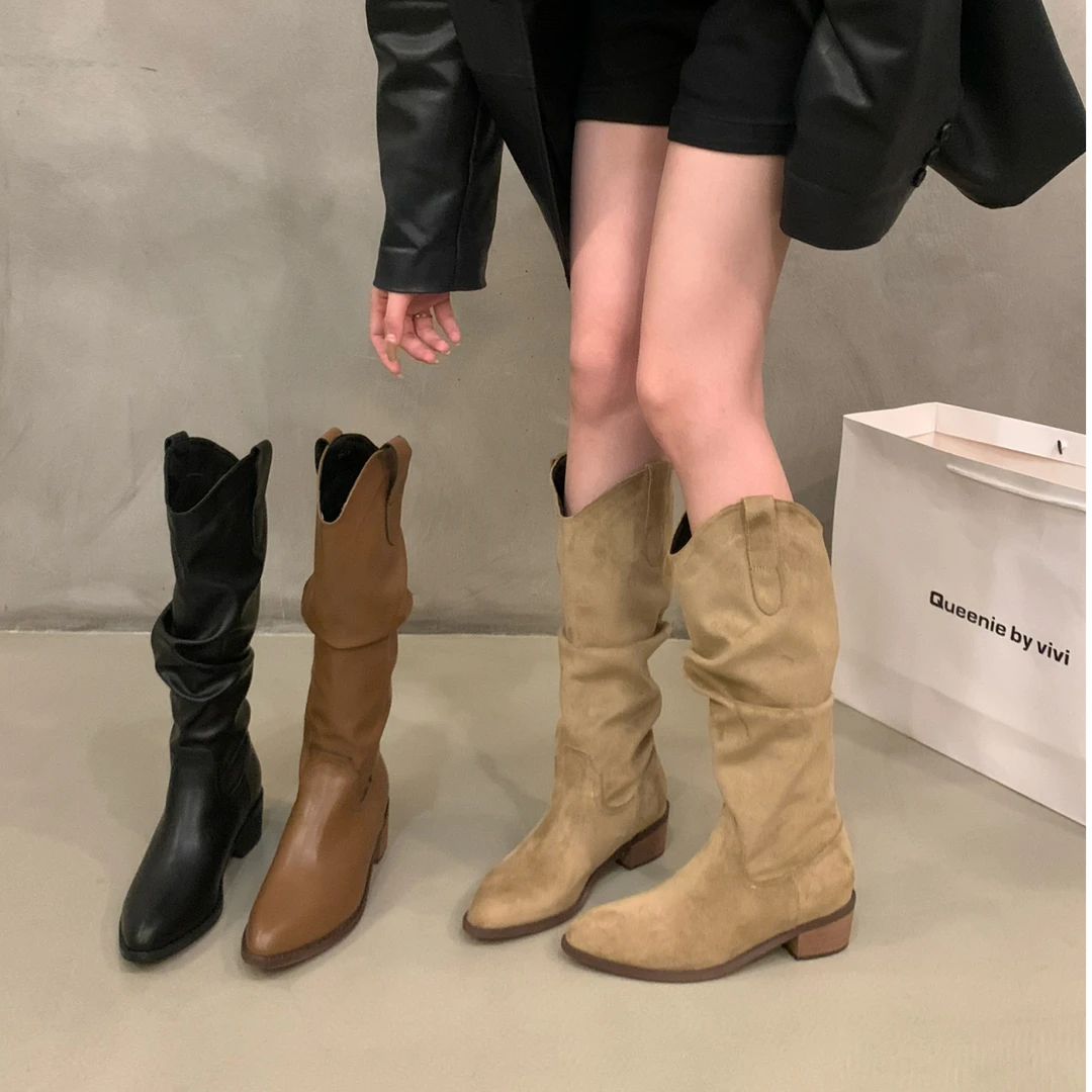 复古棕色V口堆堆中筒长靴女鞋2025秋冬季尖头西部牛仔长筒靴子女