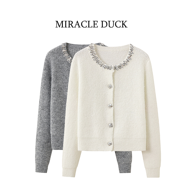 6号【银灰星芒】春秋冬时尚编织彩钉珠圆领修身长袖针织开衫C1892