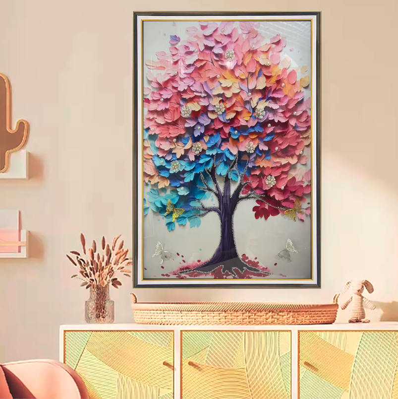 f28五彩发财树餐厅装饰画沙发背景墙挂画玄关过道餐厅现代玻璃画