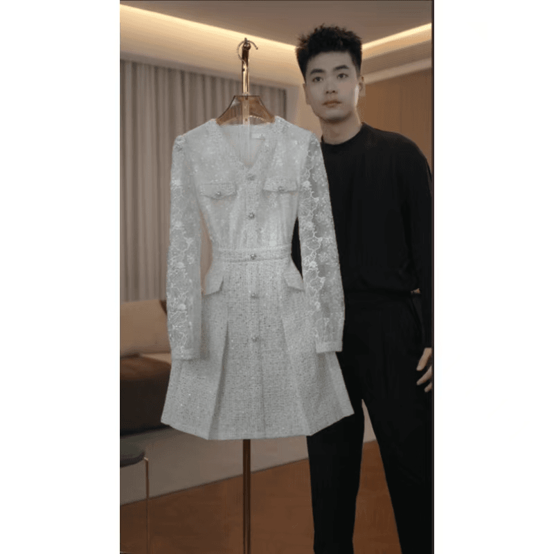 1955品牌新款女装气质高贵显瘦长袖V领连衣裙