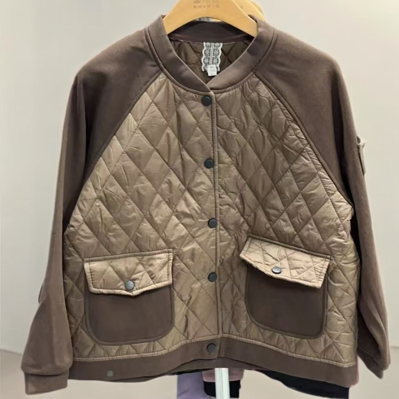 991-时尚风口袋休闲短款格子夹克菱格中老年女装