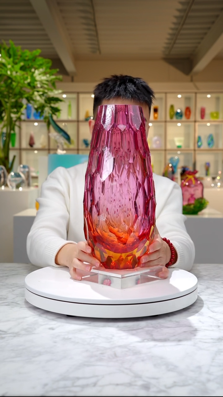 摆件兰*金红琥珀色凹切面花器+底座