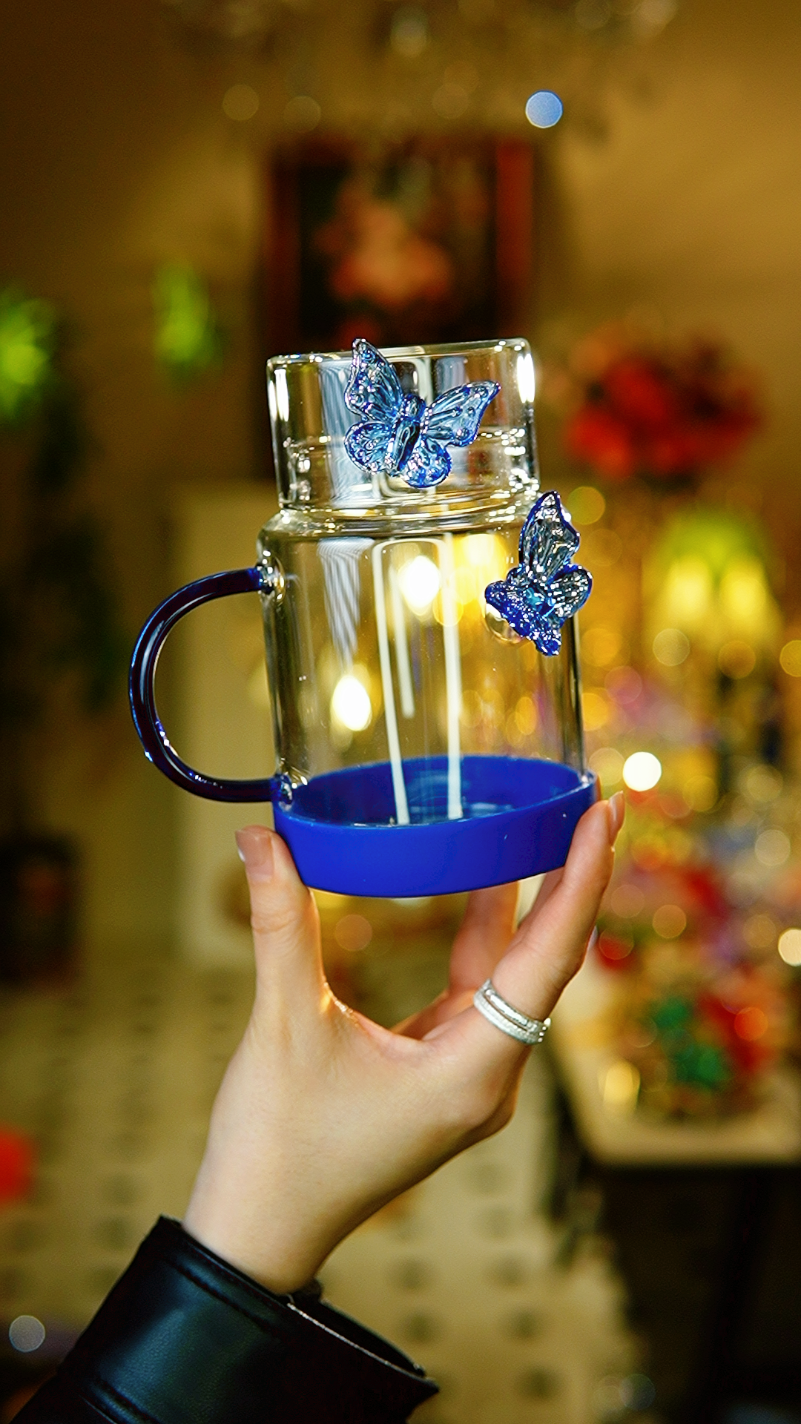 蝴蝶玻璃杯带盖耐高温高颜值水杯家用牛奶咖啡茶杯