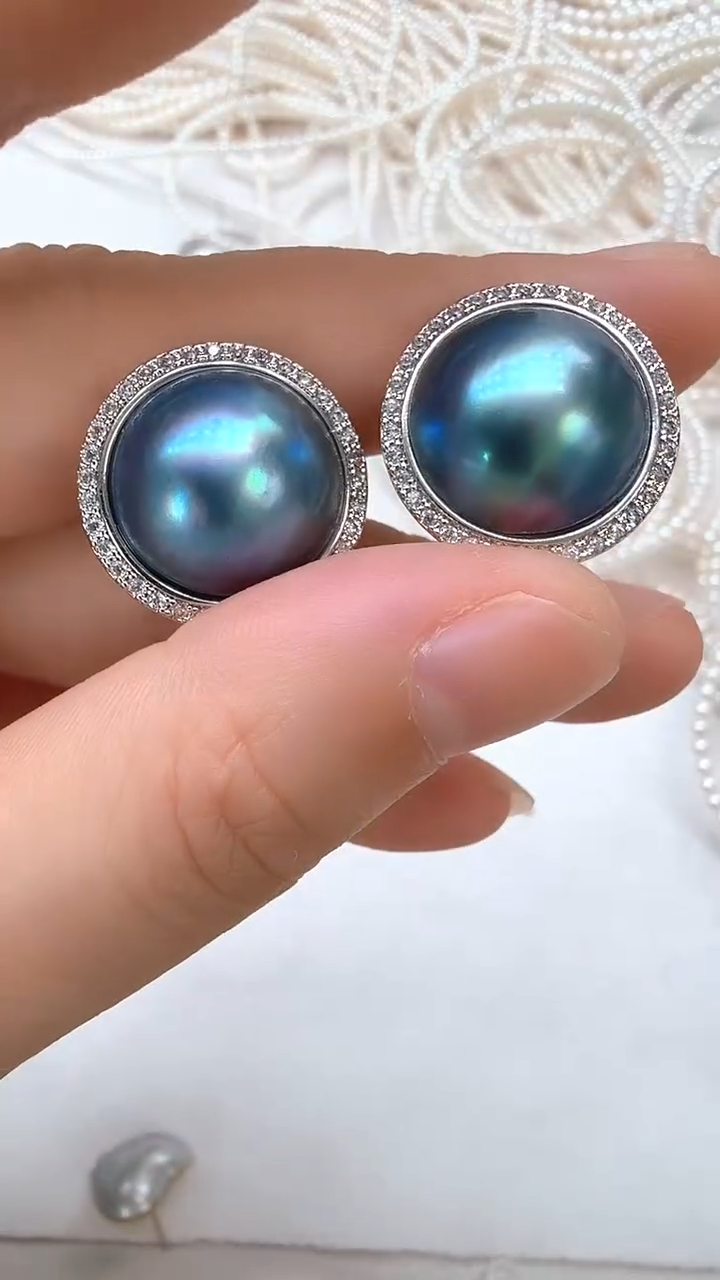 耳饰合金拼合珍珠（马贝珠）太阳花蓝色