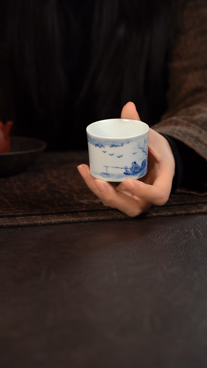 【闪购商品】杯856号HLX陶瓷重工山水泛垂钓小竹节杯