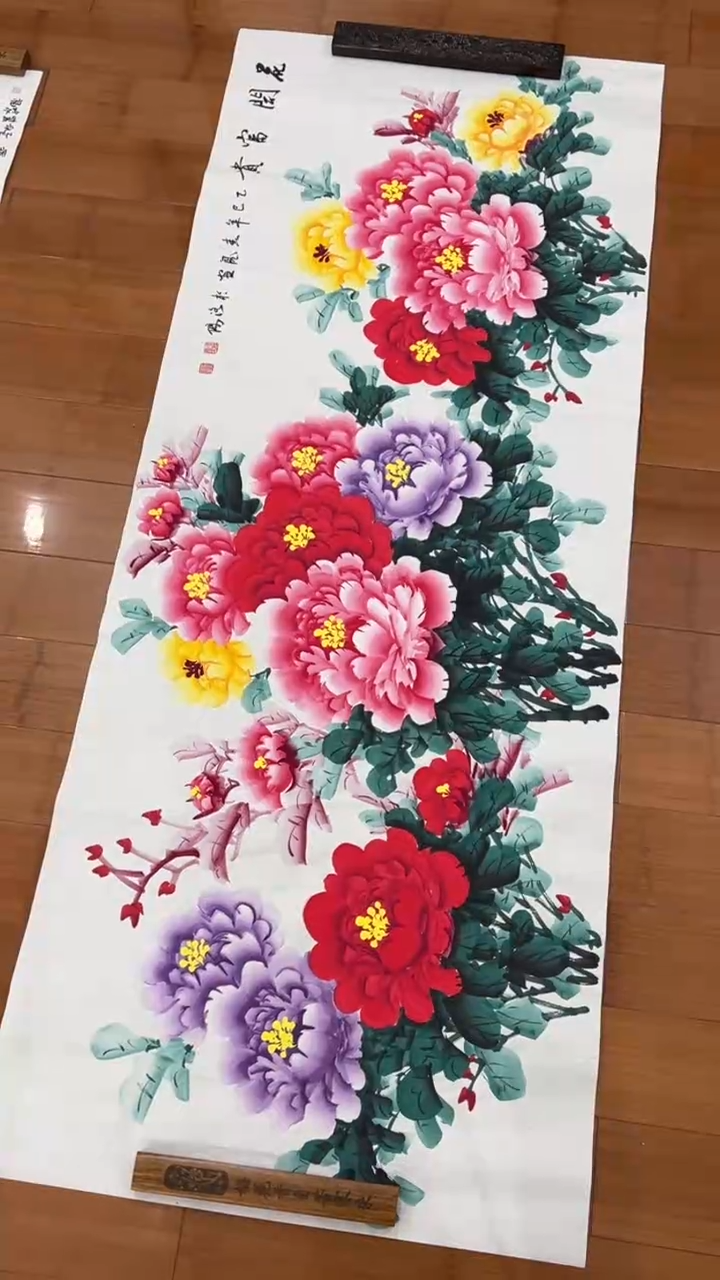 国画【福利，纯手工手绘】李春凤牡丹横幅180*68厘米