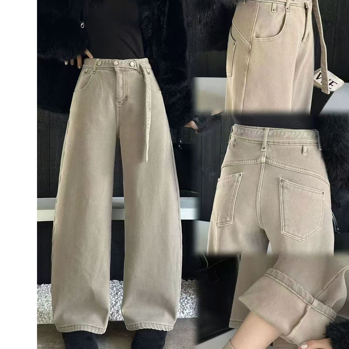 韩版弹力冬季秋冬牛仔裤白色直筒窄版阔腿裤女宽松Y640-7